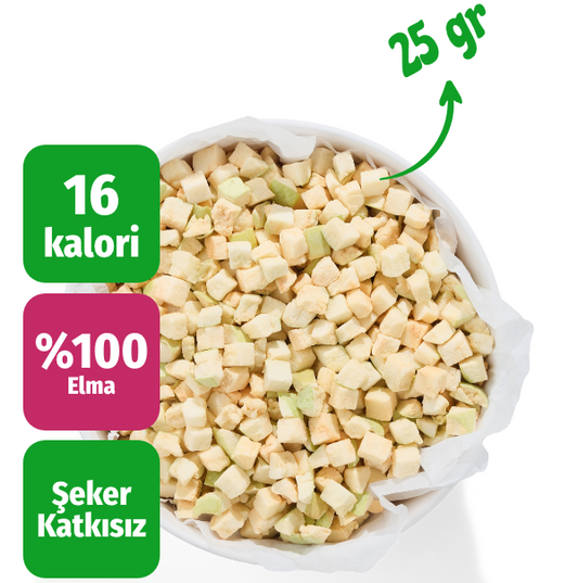 Freeze dried küp elma küçük çerezshop kasesinde üst çekim kalori bilgi