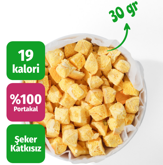 Freeze dried küp portakal küçük çerezshop kasesinde üst çekim kalori bilgi