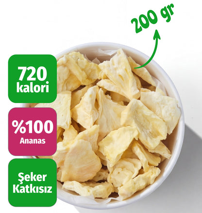Çerezshop Freeze Dried Ananas büyük kase üstten çekim kalori ve şekersiz ürün bilgilendirme görseli