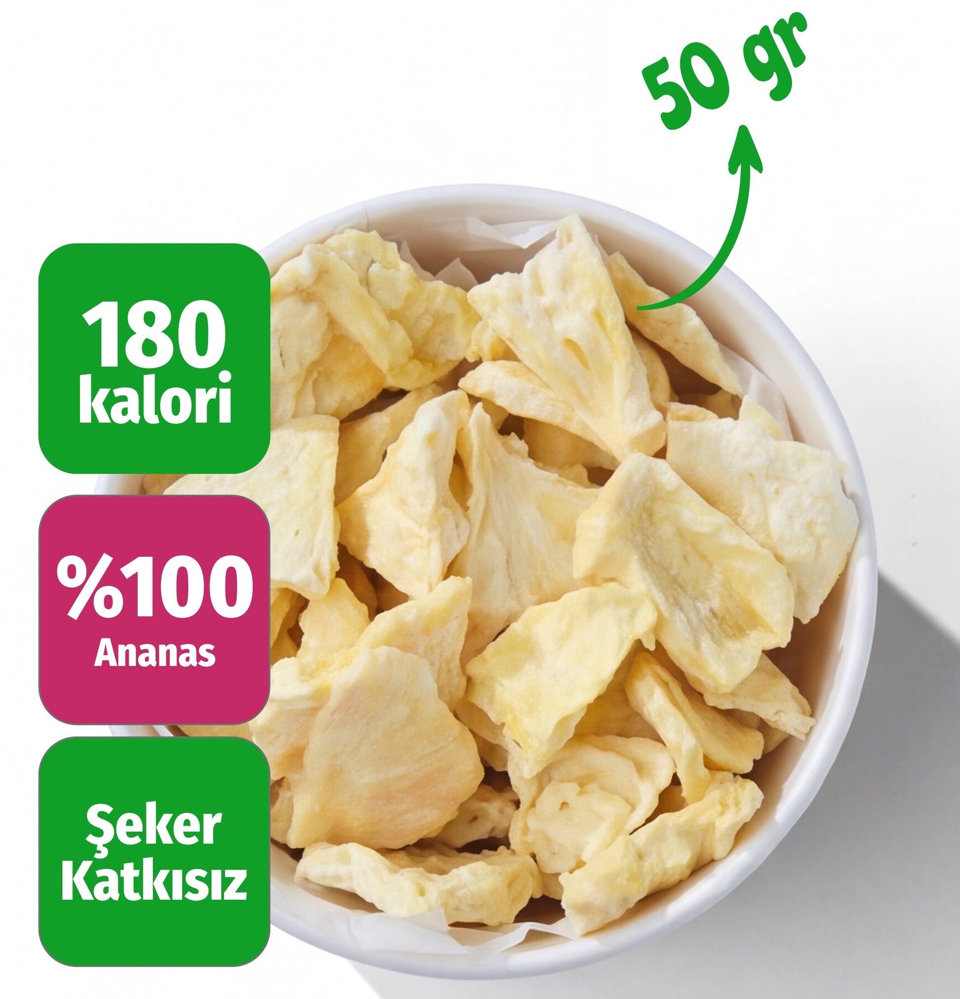 Çerezshop Freeze Dried Ananas küçük kase kalori ve şekersiz ürün bilgilendirme görseli