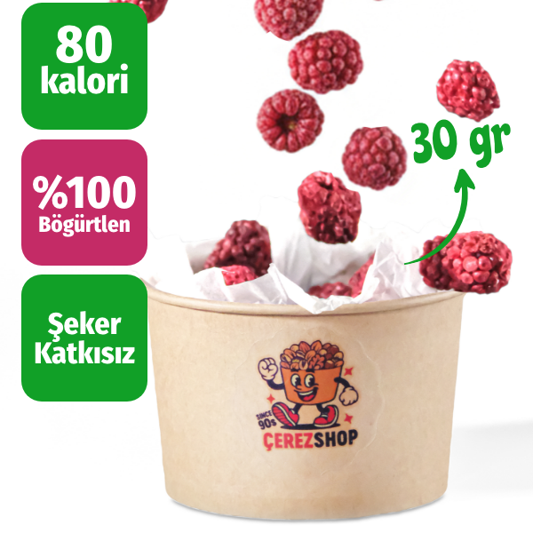 Çerezshop Freeze Dried Böğürtlen küçük kase kalori ve şekersiz ürün bilgilendirme görseli
