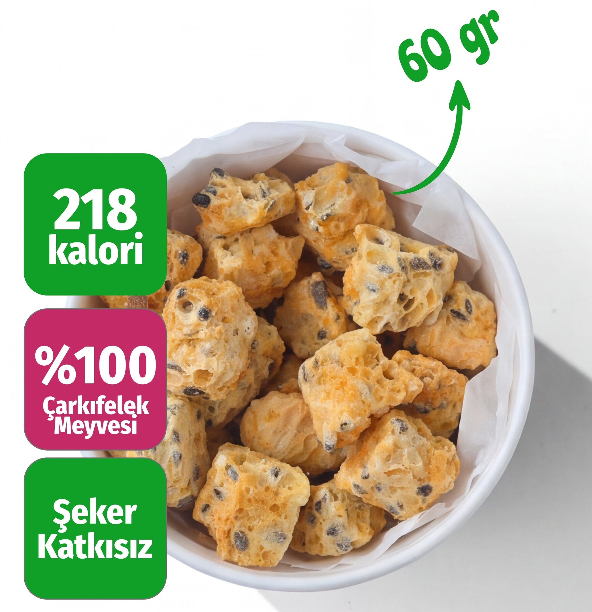Çerezshop Freeze Dried Çarkıfelek Meyvesi küçük kase kalori ve şekersiz ürün bilgilendirme görseli