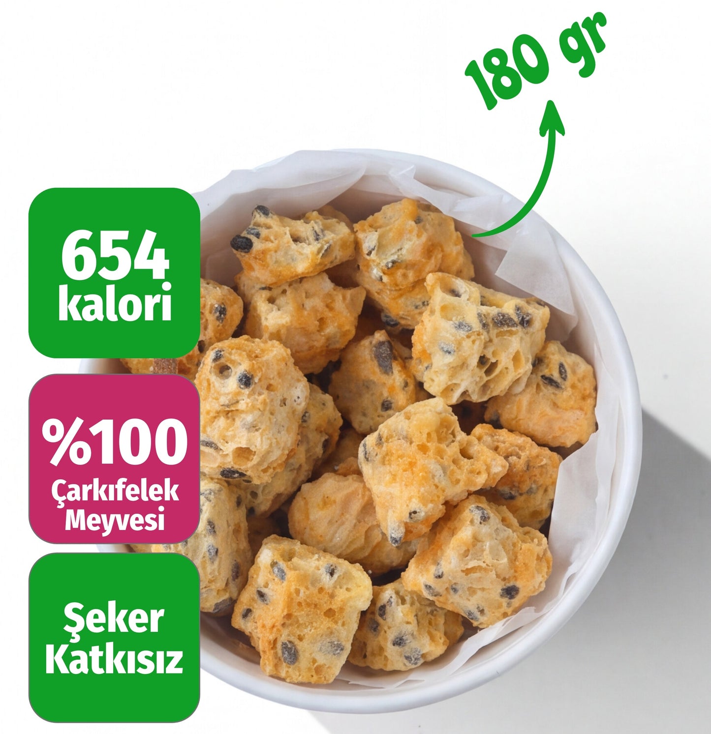 Çerezshop Freeze Dried Çarkıfelek Meyvesi büyük kase üstten çekim kalori ve şekersiz ürün bilgilendirme görseli