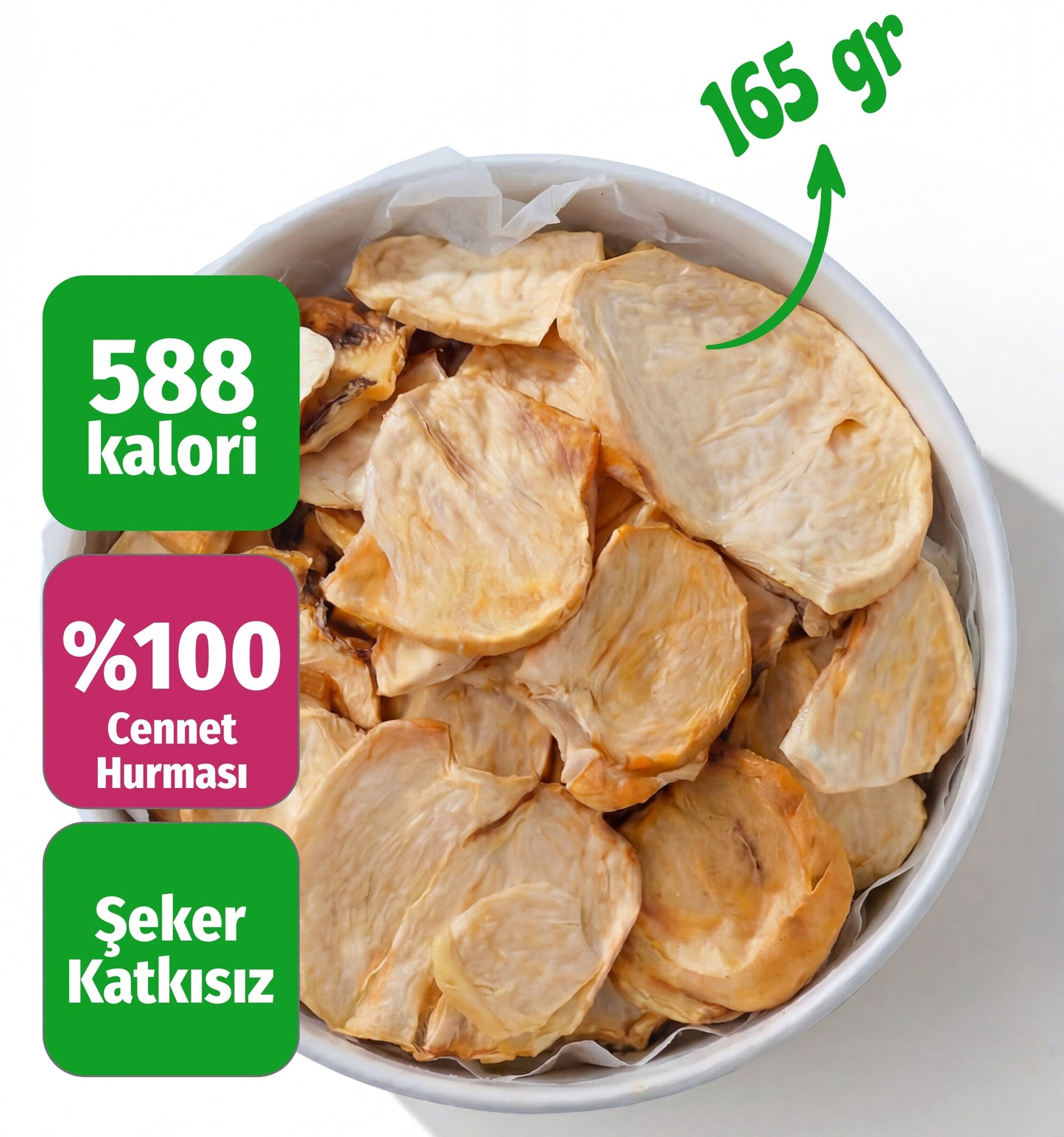 Çerezshop Freeze Dried Cennet Hurması büyük kase üstten çekim kalori ve şekersiz ürün bilgilendirme görseli