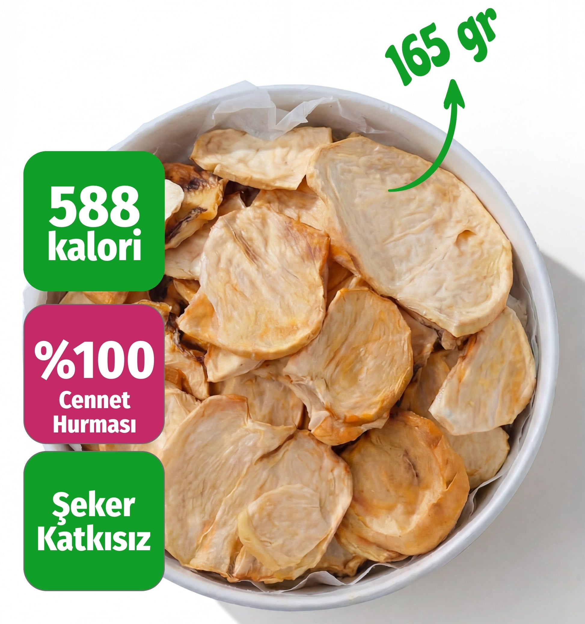Çerezshop Freeze Dried Cennet Hurması büyük kase üstten çekim kalori ve şekersiz ürün bilgilendirme görseli