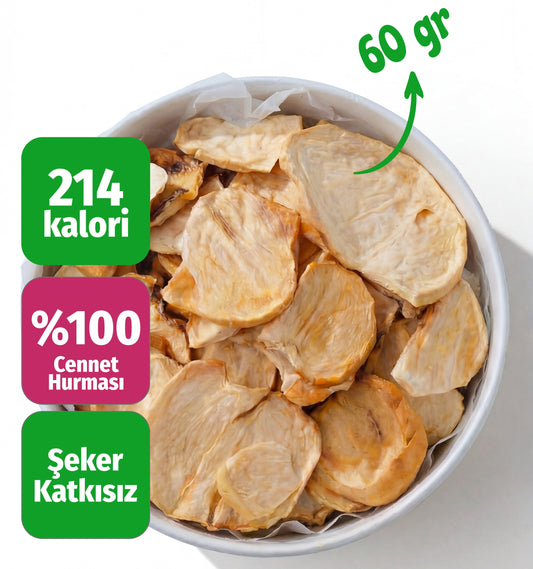 Çerezshop Freeze Dried Cennet Hurması küçük kase kalori ve şekersiz ürün bilgilendirme görseli