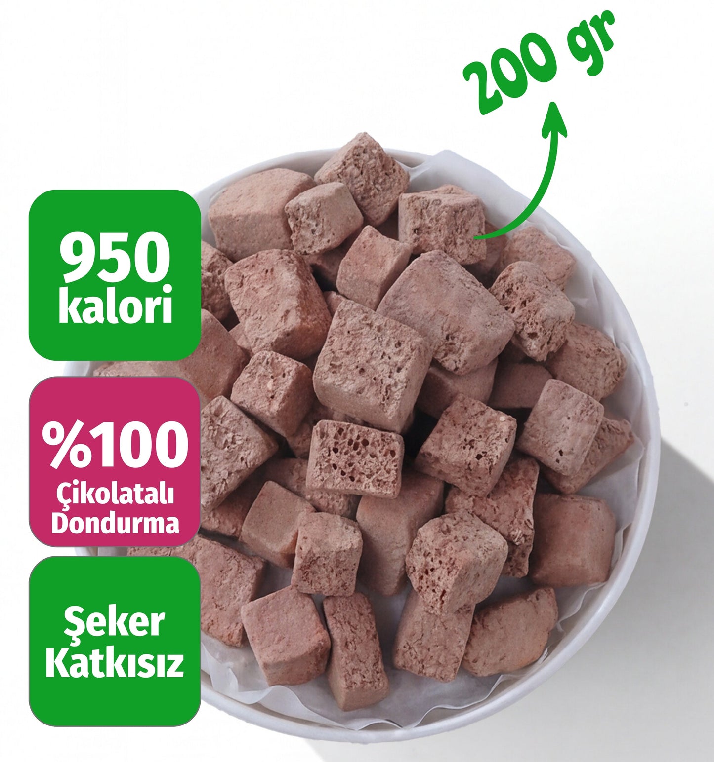Çerezshop Freeze Dried Çikolatalı Dondurma büyük kase üstten çekim kalori ve ürün bilgilendirme görseli