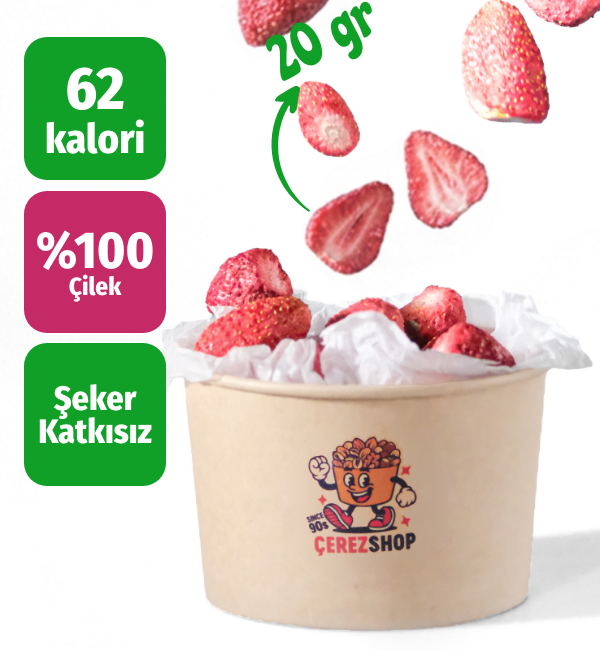Çerezshop Freeze Dried Çilek küçük kase kalori ve şekersiz ürün bilgilendirme görseli
