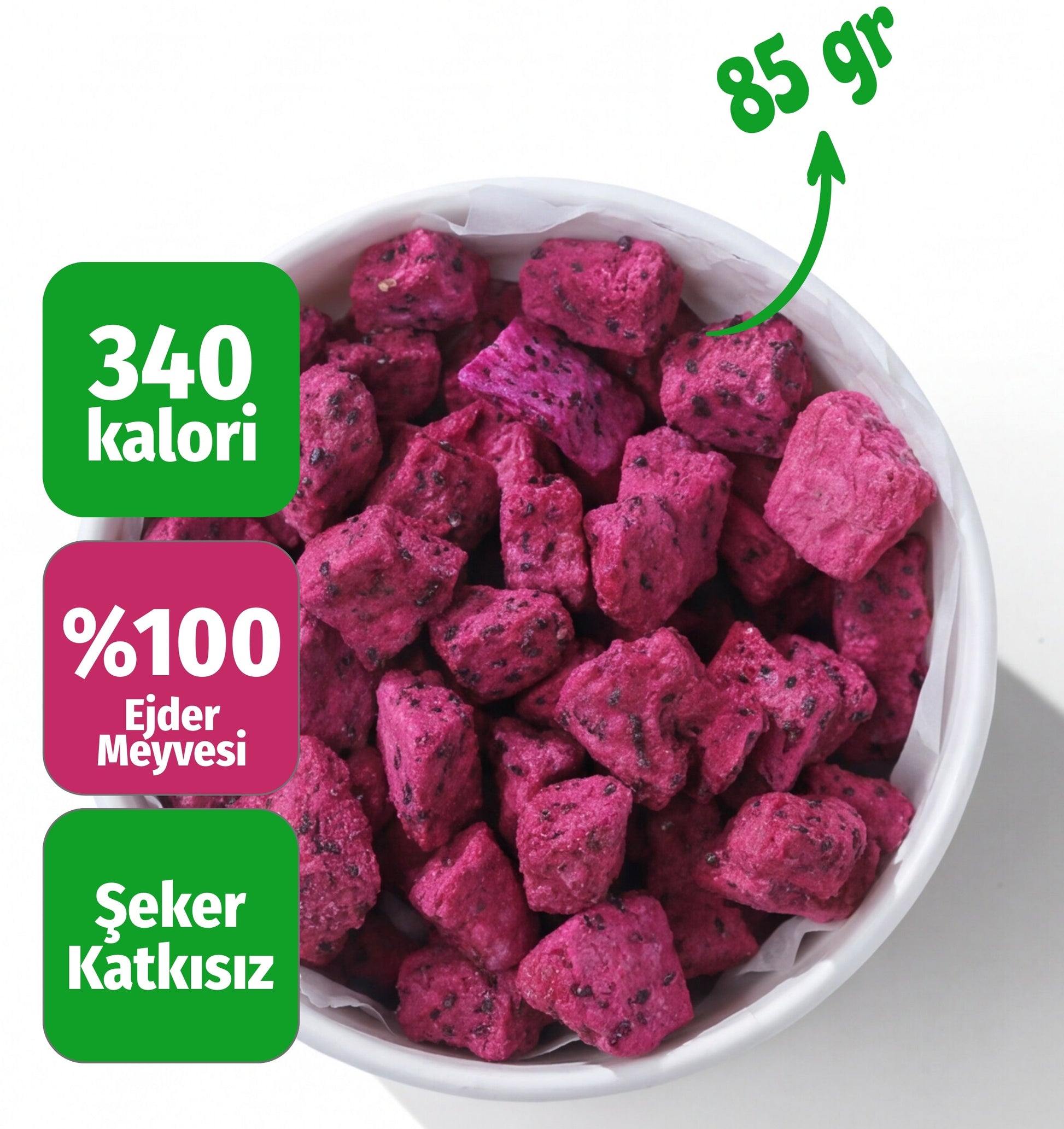 Çerezshop Freeze Dried Ejder Meyvesi küçük kase kalori ve şekersiz ürün bilgilendirme görseli
