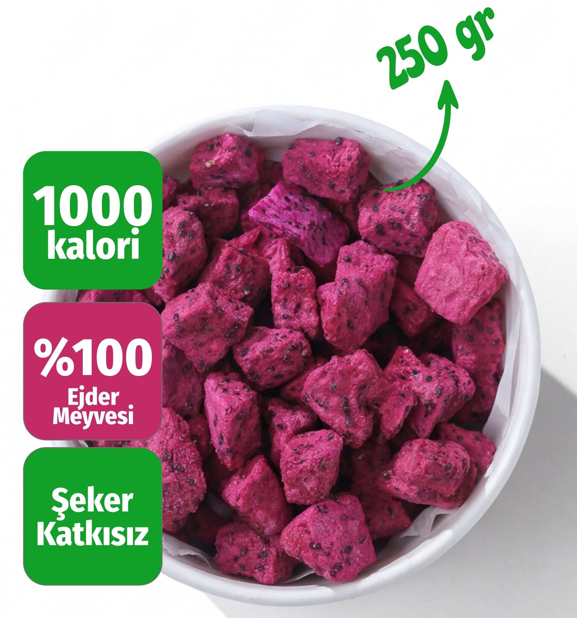 Çerezshop Freeze Dried Ejder Meyvesi büyük kase üstten çekim kalori ve şekersiz ürün bilgilendirme görseli