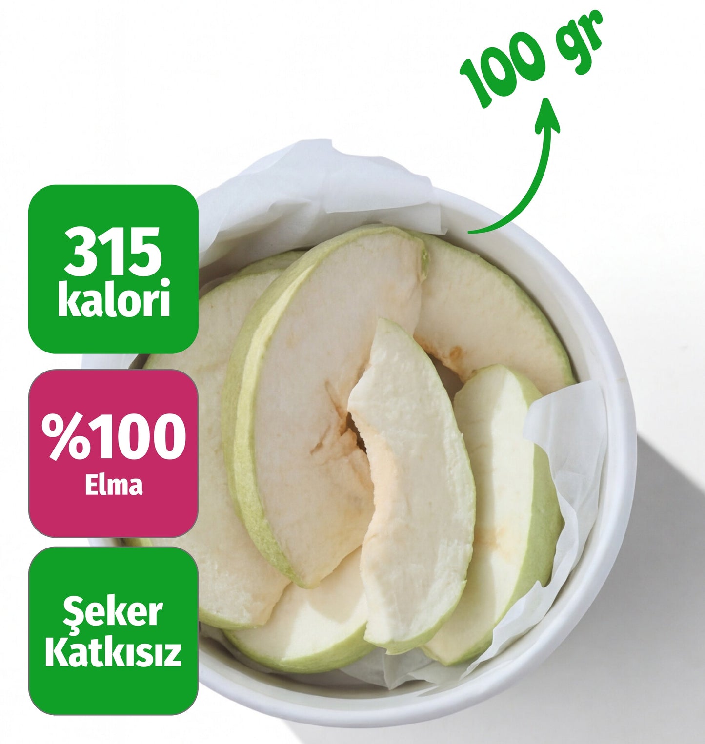 Çerezshop Freeze Dried Elma büyük kase üstten çekim kalori ve şekersiz ürün bilgilendirme görseli