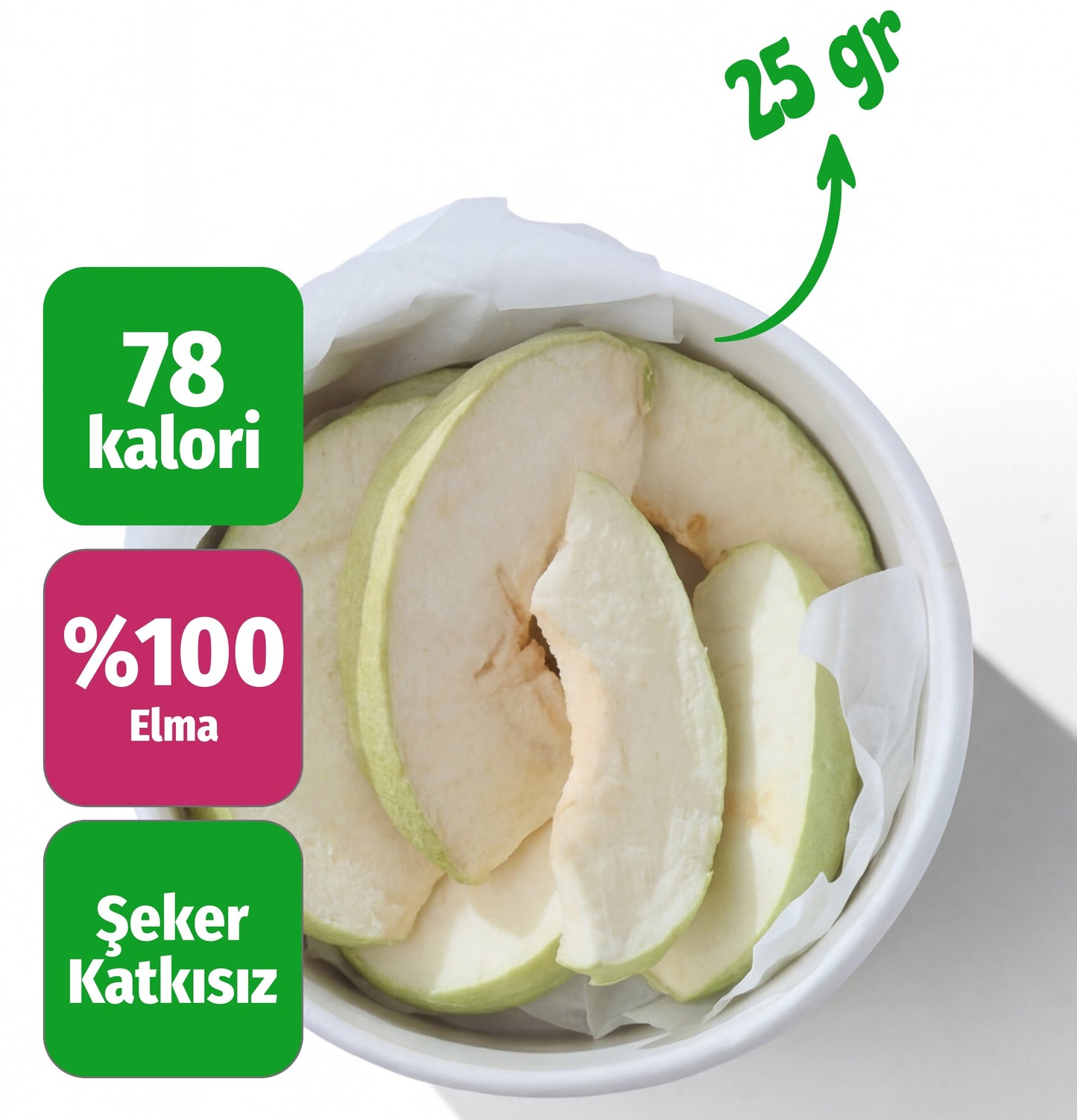 Çerezshop Freeze Dried Elma küçük kase kalori ve şekersiz ürün bilgilendirme görseli