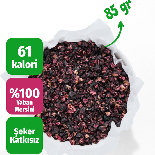 Freeze dried granül yaban mersini 85 gram Çerezshop kasesi içinde üst çekim kalori bilgilendirme