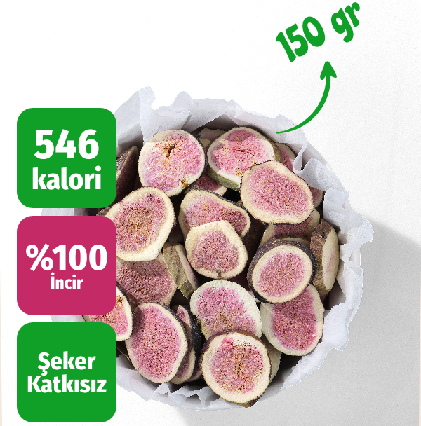 Çerezshop Freeze Dried İncir büyük kase üstten çekim kalori ve şekersiz ürün bilgilendirme görseli