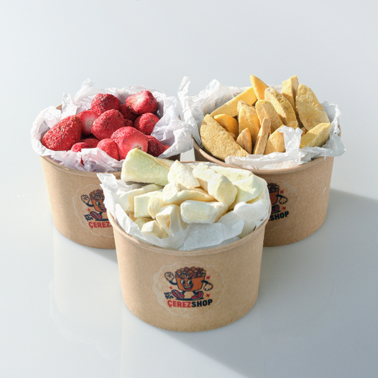Çerez Shop 3'lü Freeze Dried Meyve Seti - Çilek, Mango ve Kavun Cipsinden Oluşan %100 Doğal ve Avantajlı Fiyatlı Karma Paket.