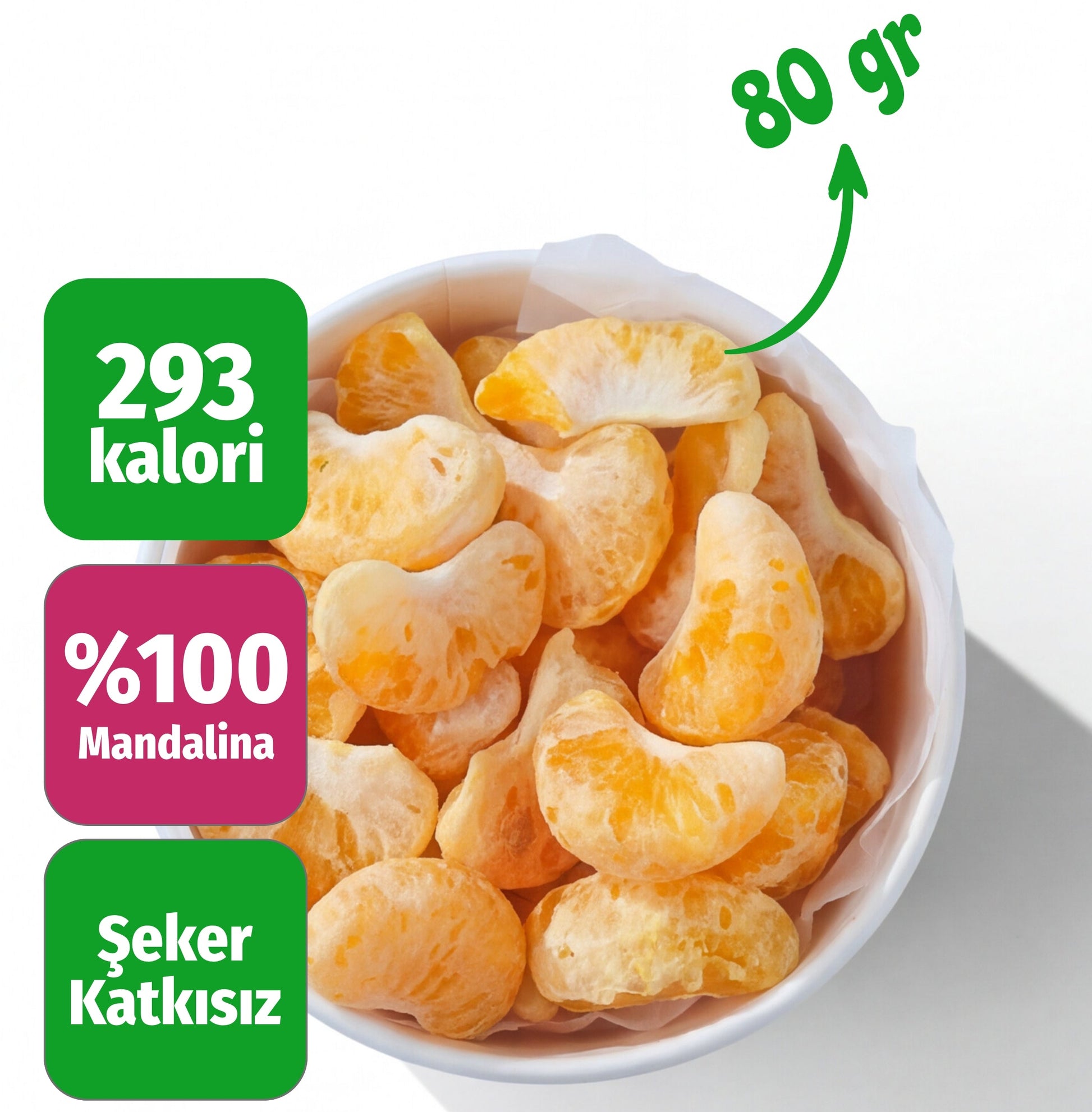 Çerezshop Freeze Dried Mandalina büyük kase üstten çekim kalori ve şekersiz ürün bilgilendirme görseli