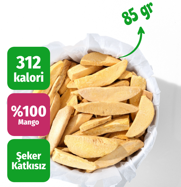 Çerezshop Freeze Dried Mango büyük kase üstten çekim kalori ve şekersiz ürün bilgilendirme görseli