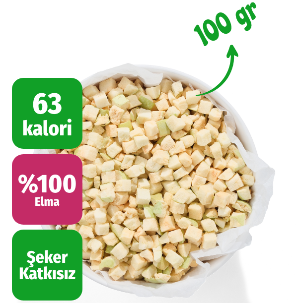 Freeze dried meyve cipsi küp elma büyük kase üstten çekim kalori bilgilendirme