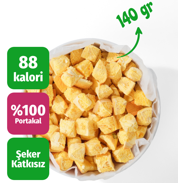 Freeze dried meyve cipsi küp portakal büyük kase üstten çekim kalori bilgilendirme