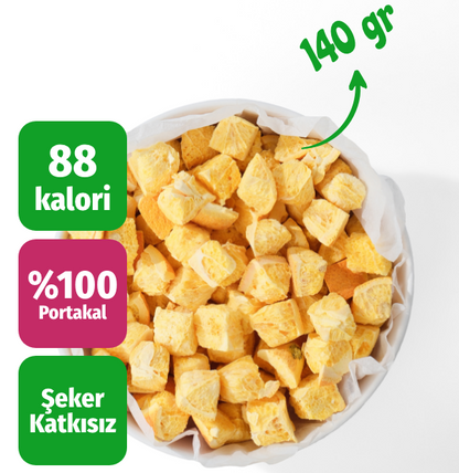 Freeze dried meyve cipsi küp portakal büyük kase üstten çekim kalori bilgilendirme