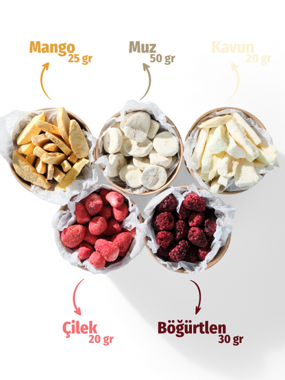 Freeze dried 5'li tadım paketi üst çekim gramaj bilgisi