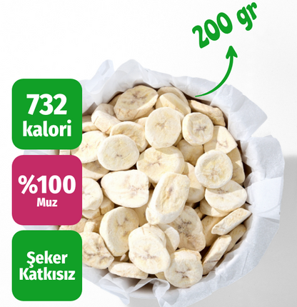Çerezshop Freeze Dried Muz büyük kase üstten çekim kalori ve şekersiz ürün bilgilendirme görseli