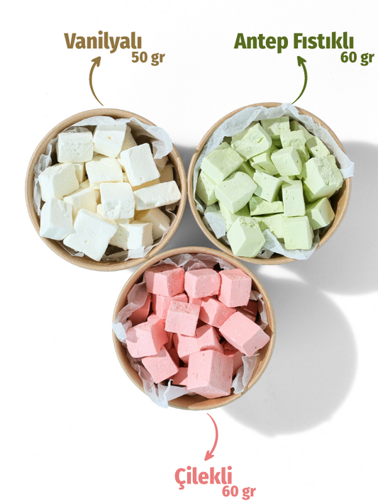 Freeze dried dondurma 3'lü set çerezshop kasesinde üst çekim kalori bilgi