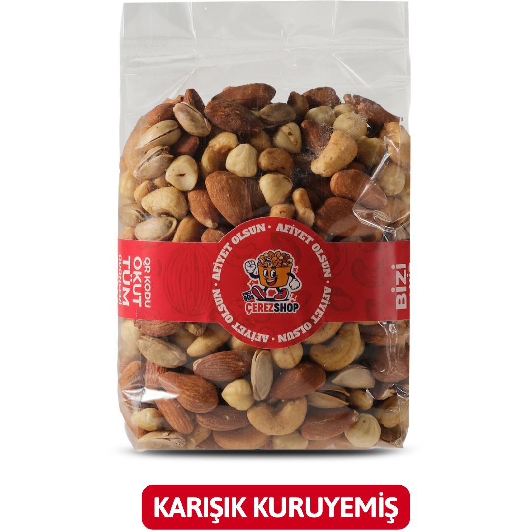 Çerez Shop lüks karışık kuruyemiş paketi - İçeriğinde kaju, badem, antep fıstığı ve fındık bulunan seçkin kavrulmuş yemiş harmanı.