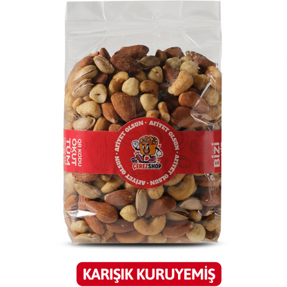 Çerez Shop lüks karışık kuruyemiş paketi - İçeriğinde kaju, badem, antep fıstığı ve fındık bulunan seçkin kavrulmuş yemiş harmanı.