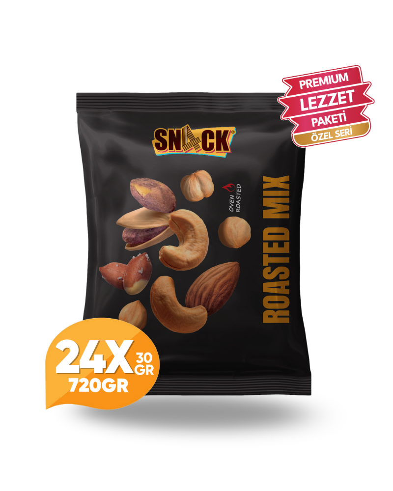 Snack Karışık Kuruyemiş 24x30 gr Premium Fırında Kavrulmuş Antep Fıstığı Badem Fındık Kaju Atıştırmalık 720 gr