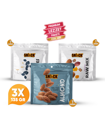 Snack Sağlıklı Atıştırmalık Paketi 3x135 gr Çiğ Karışım Özbek Kuru Üzüm Kavrulmuş Badem Premium Set 405 gr