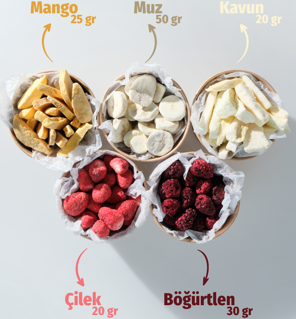 Freeze Dried Tadım Paketi 5'li - Çilek Mango Muz Kavun Böğürtlen Kuru Meyve Cipsi Seti