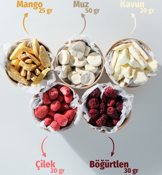Freeze Dried Tadım Paketi 5'li - Çilek Mango Muz Kavun Böğürtlen Kuru Meyve Cipsi Seti